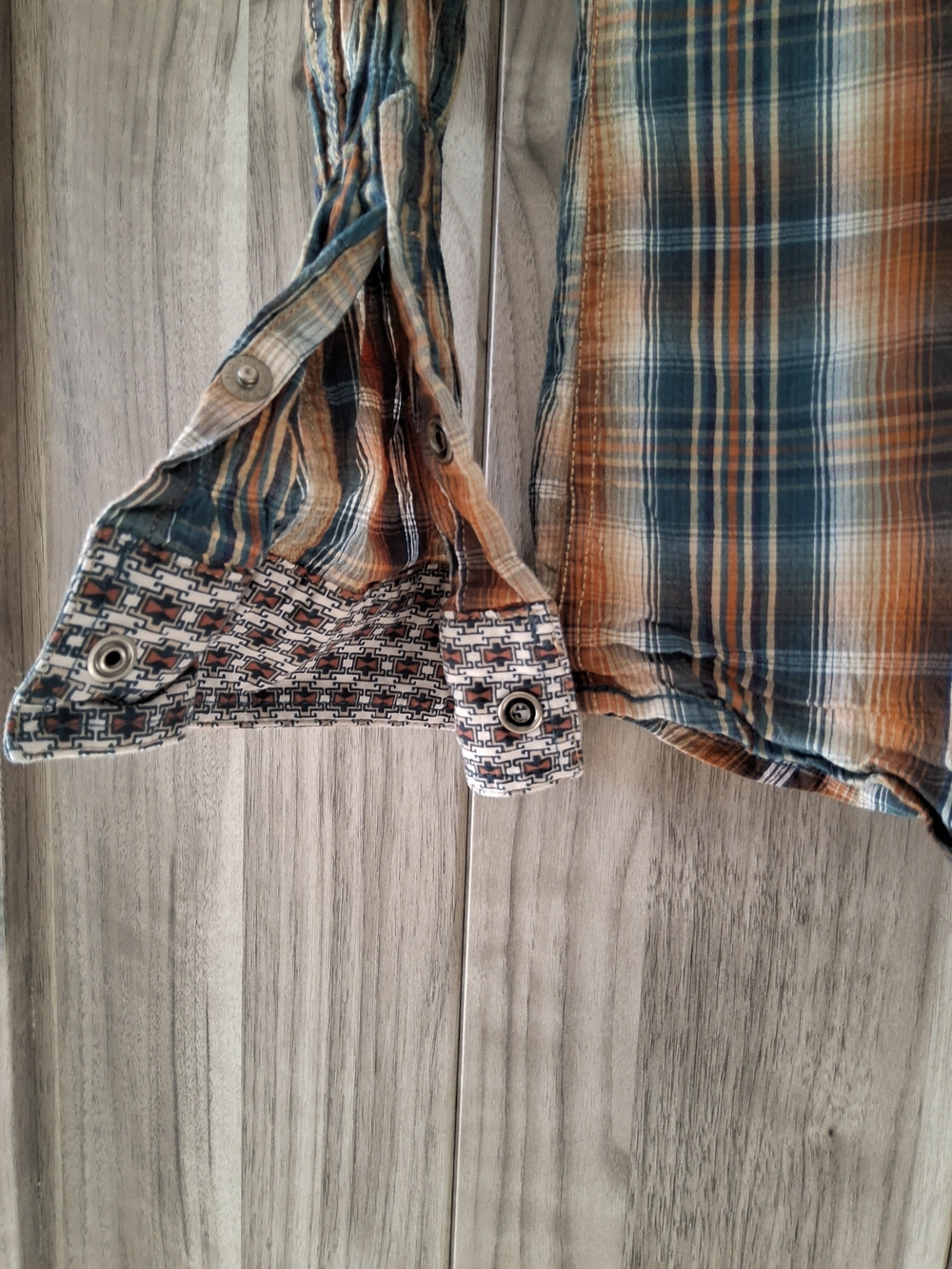 Women's Plaid Button-Down Shirt with Embroidered Yoke - Orange & Teal - Picture 3 of 4